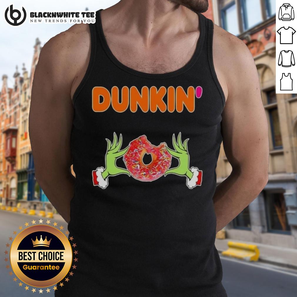Happy Grinch Hands Love Dunkin Donut Merry Christmas Tank Top Happy Grinch hands holding a Dunkin' Donut, wearing a Merry Christmas tank top, perfect for festive celebrations.
