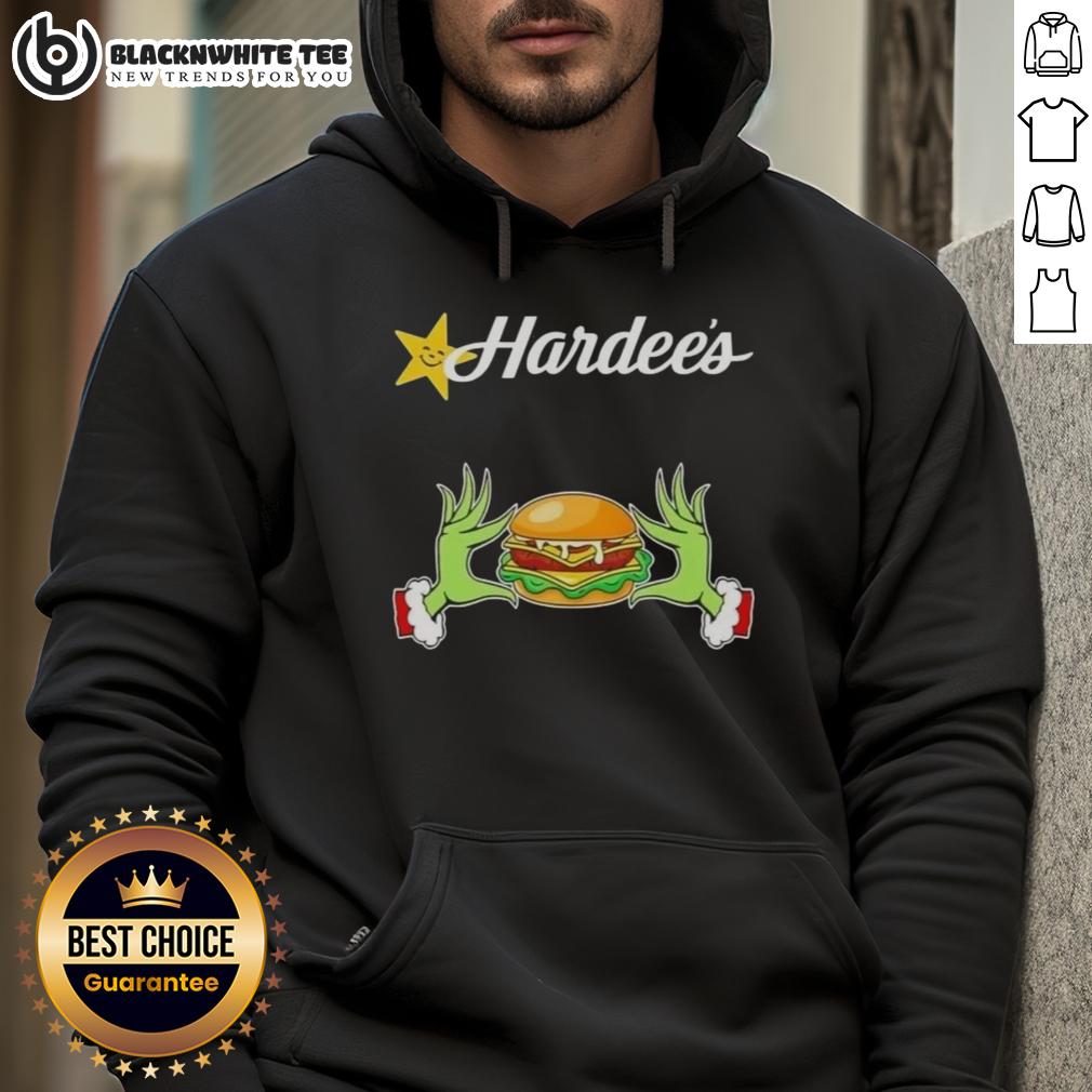 Happy Grinch Hands Love Hardee'S Merry Christmas Hoodie Happy Grinch hands holding a 'Love Hardee's' hoodie, perfect for a Merry Christmas celebration.