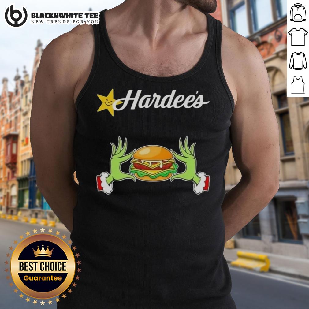 Happy Grinch Hands Love Hardee'S Merry Christmas Tank Top Happy Grinch hands holding a Hardee's cup in a festive Merry Christmas tank top, spreading holiday cheer.