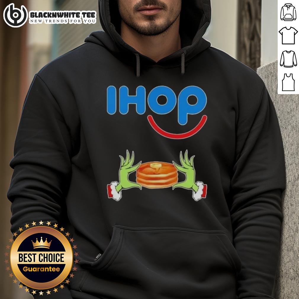 Happy Grinch Hands Love Ihop Merry Christmas Hoodie Alt Text: Happy Grinch hands making a heart shape, wearing a Merry Christmas IHOP hoodie, perfect for festive celebrations.