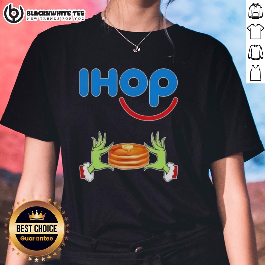 Happy Grinch Hands Love Ihop Merry Christmas Ladies Tee Happy Grinch hands forming a heart shape on a Merry Christmas ladies tee from IHOP, perfect for festive holiday cheer.