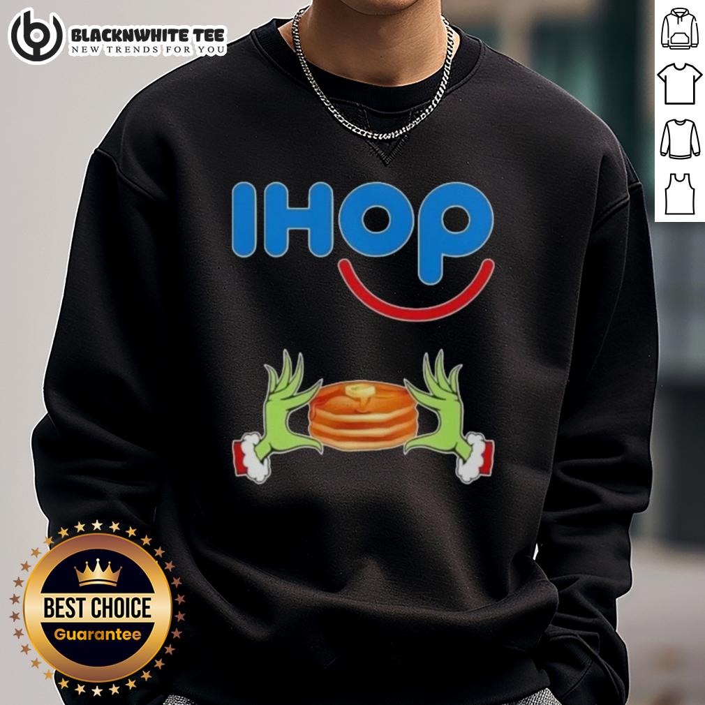 Happy Grinch Hands Love Ihop Merry Christmas Sweatshirt Happy Grinch hands forming a heart on a Merry Christmas sweatshirt from IHOP, perfect for festive holiday cheer.