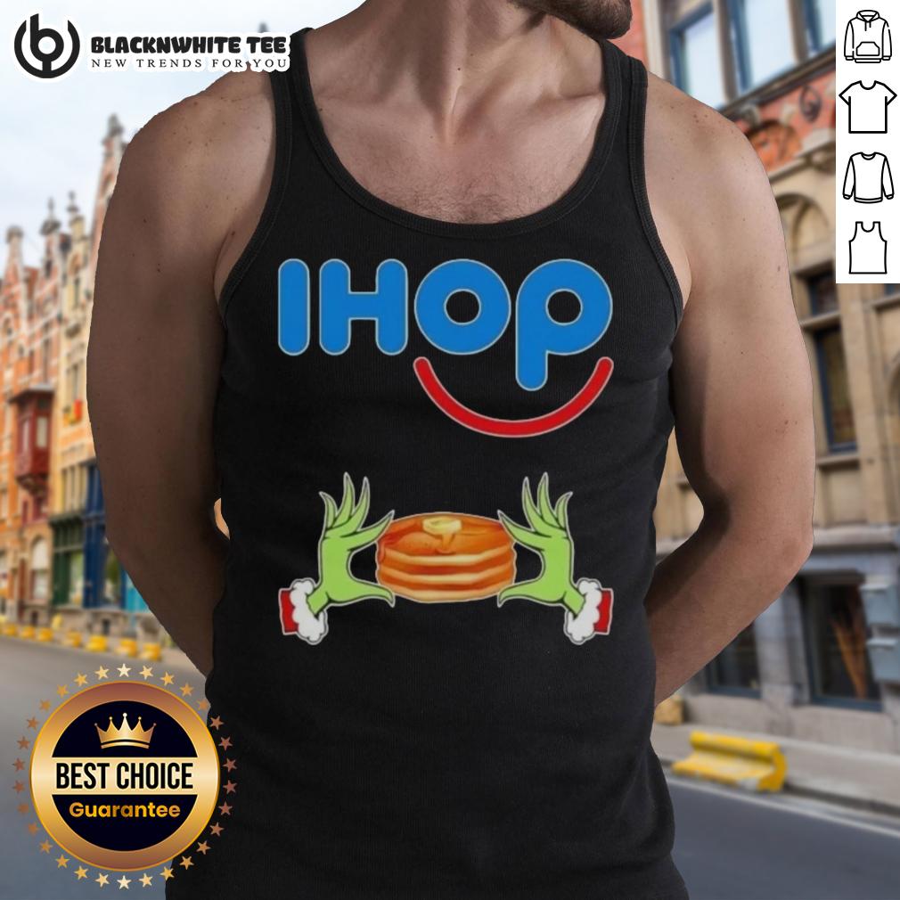 Happy Grinch Hands Love Ihop Merry Christmas Tank Top Happy Grinch hands holding a heart, wearing a Merry Christmas tank top at IHOP, festive holiday spirit.