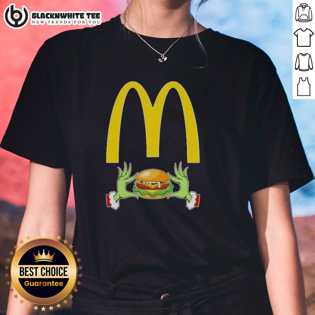 Happy Grinch Hands Love Mcdonald'S Merry Christmas Ladies Tee Happy Grinch hands forming a heart, showcasing a Merry Christmas ladies tee featuring McDonald's festive design.