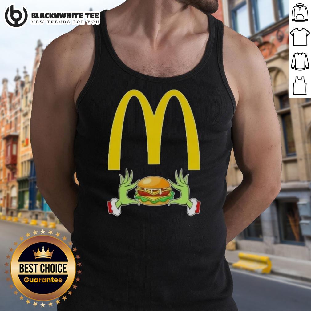 Happy Grinch Hands Love Mcdonald'S Merry Christmas Tank Top Happy Grinch hands forming a heart, wearing a Merry Christmas tank top, celebrating love for McDonald's during the holidays.