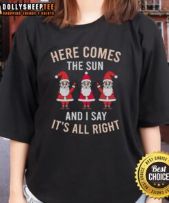 Alt Text: Happy 'Here Comes The Sun' Christmas ladies tee featuring festive design, perfect for holiday celebrations.