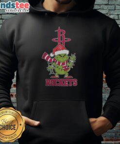 Happy Houston Rockets Christmas hoodie featuring a Grinch design and Santa hat for the 2025 holiday season.