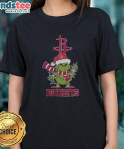 Happy Houston Rockets Christmas tee with Grinch design and Santa hat for ladies, perfect for holiday 2025 celebrations.