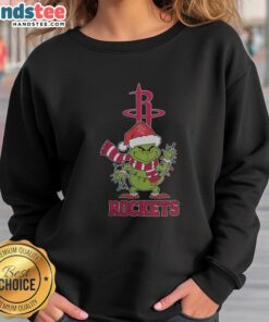 Happy Houston Rockets Christmas sweatshirt with Grinch and Santa hat design for the 2025 holiday season.