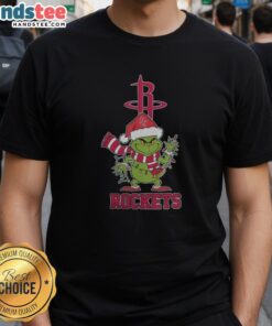 Happy Houston Rockets Christmas Grinch Santa Hat Holiday 2025 T-Shirt featuring festive design and team colors.