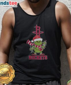 Happy Houston Rockets Christmas tank top featuring a Grinch in a Santa hat, perfect for holiday cheer in 2025.