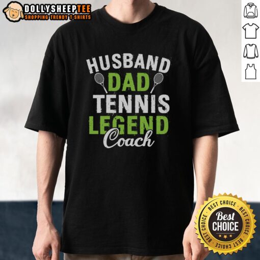 Happy husband and dad wearing a 'Tennis Legend Coach' T-shirt, showcasing pride in family and sports.