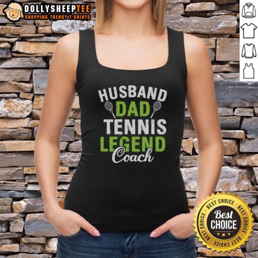 Happy husband and dad wearing a tennis legend coach tank top, smiling on the court, showcasing passion for the sport.