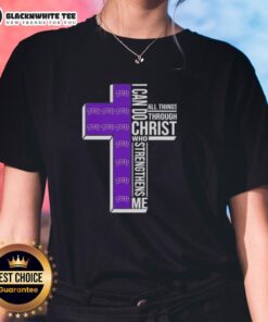 Alt Text: Happy I Can Do All Things Through Christ TCU Horned Frogs Football Ladies Tee, perfect for fans and athletes.