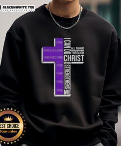 Alt Text: TCU Horned Frogs football sweatshirt with 'I Can Do All Things Through Christ' motivational quote.