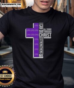 Happy TCU Horned Frogs Football cross t-shirt featuring 'I Can Do All Things Through Christ Who Strengthens Me' design.