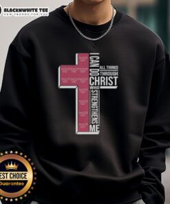 Alt Text: Virginia Tech football cross sweatshirt featuring 'I Can Do All Things Through Christ' inspirational quote.