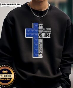 West Virginia Mountaineers football cross sweatshirt with 'I can do all things through Christ' slogan, perfect for fans.