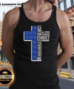 Alt Text: West Virginia Mountaineers football cross tank top featuring 'I Can Do All Things Through Christ Who Strengthens Me' design.