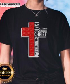 Alt Text: Wisconsin Badgers Football cross ladies tee featuring 'I Can Do All Things Through Christ Who Strengthens Me' design.