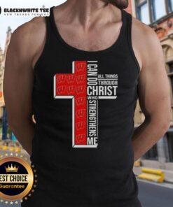 Alt Text: Happy I Can Do All Things Through Christ Who Strengthens Me tank top for Wisconsin Badgers football fans.