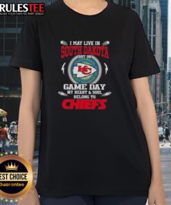 Happy I May Live In South Dakota But On Game Day My Heart Belongs To Kansas City Chiefs Ladies Tee in vibrant colors.