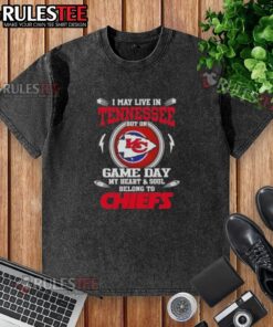 Alt Text: Kansas City Chiefs washed t-shirt with 'Happy I May Live In Tennessee' design, perfect for game day fans.