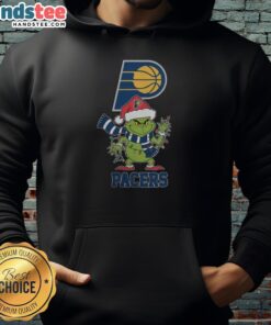 Happy Indiana Pacers Christmas hoodie featuring Grinch design and Santa hat for holiday 2025 festivities.