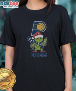 Happy Indiana Pacers Christmas tee featuring Grinch Santa hat design for women, perfect for holiday celebrations in 2025.