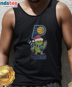 Happy Indiana Pacers Christmas Grinch in Santa hat wearing a Holiday 2025 tank top, festive sports attire for fans.