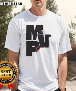 Happy Josh Allen wearing Buffalo Bills 'Be Good Do Good God Bless MVP' T-shirt, celebrating team spirit and sportsmanship.