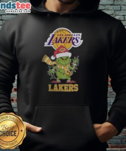 Happy Los Angeles Lakers Christmas hoodie featuring Grinch and Santa hat design for the 2025 holiday season.