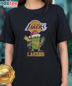 Happy Los Angeles Lakers Christmas tee featuring Grinch and Santa hat design for ladies, perfect for the holiday season 2025.