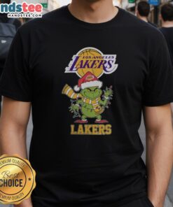 Happy Los Angeles Lakers Christmas Grinch wearing a Santa hat on a holiday 2025 T-shirt design.