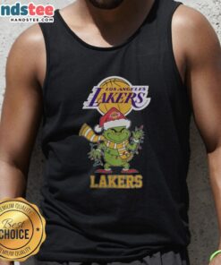 Happy Los Angeles Lakers Christmas tank top featuring Grinch and Santa hat design, perfect for holiday cheer in 2025.