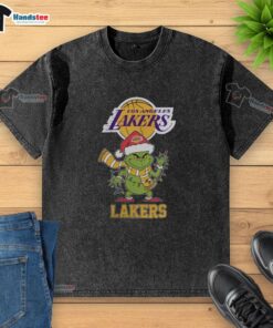 Happy Los Angeles Lakers Christmas Grinch wearing Santa hat on a holiday 2025 washed t-shirt for festive fans.