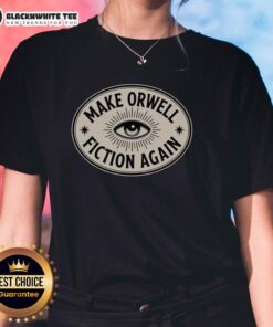 Happy Make Orwell Fiction Again Ladies Tee featuring a stylish design and vibrant colors, perfect for literary enthusiasts.