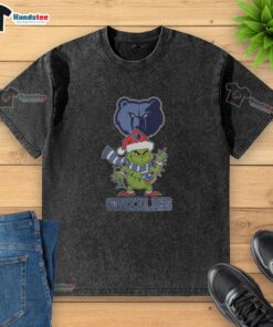 Happy Memphis Grizzlies Christmas Grinch wearing a Santa hat on a 2025 washed holiday t-shirt design.