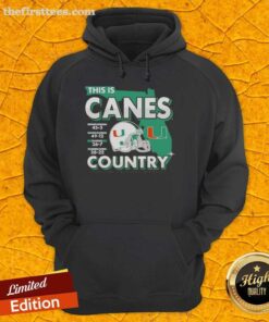 Happy Miami Hurricanes fans wearing 'This Is Canes Country' hoodie featuring Florida map design.