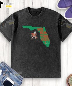 Alt Text: Happy Miami Hurricanes We Run This State Florida map washed t-shirt featuring vibrant colors and team spirit design.