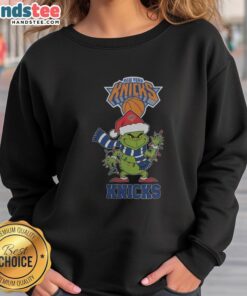 Happy New York Knicks Christmas Grinch Santa Hat holiday sweatshirt for 2025, perfect for festive basketball fans.