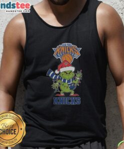 Happy New York Knicks Christmas Grinch Santa Hat holiday tank top for 2025, perfect for festive NBA fans.