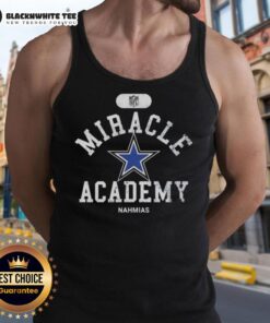 Happy fan wearing a Dallas Cowboys tank top from Miracle Academy, showcasing team spirit and style at a game.