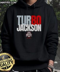 Happy Ohio State Buckeyes football fan wearing a Bo Jackson Turbo hoodie, showcasing team spirit and style.