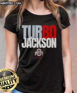 Alt Text: Happy Ohio State Buckeyes Football Bo Jackson Turbo Ladies Tee featuring vibrant team colors and stylish design.