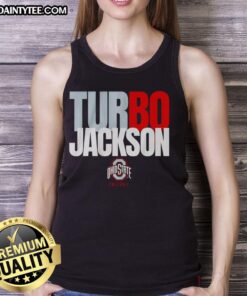 Alt Text: Happy fan wearing Ohio State Buckeyes football Bo Jackson turbo tank top, celebrating at a game.