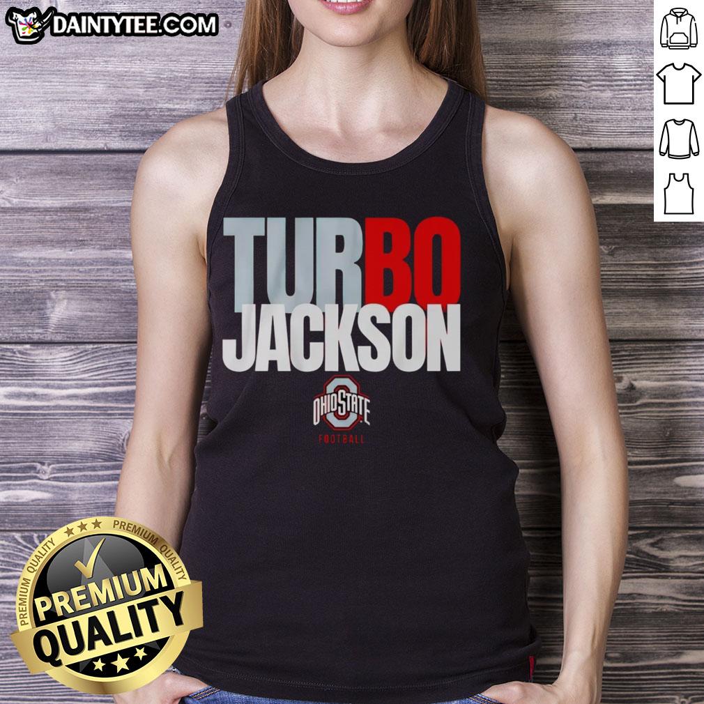 happy-ohio-state-buckeyes-football-bo-jackson-turbo-tank-top Alt Text: Happy fan wearing Ohio State Buckeyes football Bo Jackson turbo tank top, celebrating at a game.