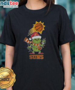 Alt Text: Happy Phoenix Suns Christmas Grinch Santa Hat holiday 2025 ladies tee featuring festive graphics and team colors.