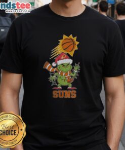 Happy Phoenix Suns Christmas Grinch Santa Hat Holiday 2025 T-Shirt featuring festive design for fans celebrating the season.