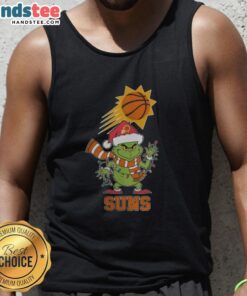 Happy Phoenix Suns fan wearing a Grinch Santa hat and 2025 holiday tank top, celebrating Christmas cheer.